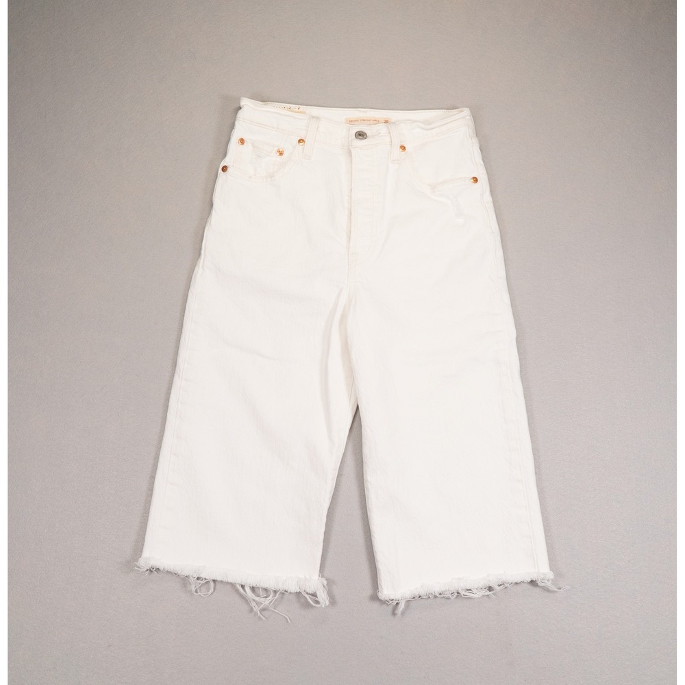 Levi's Ribcage Straight Ankle Cropped Jeans Women 26 White Raw Hem High Rise
